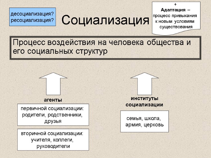 Социализация Процесс воздействия на человека общества и его социальных структур агенты первичной социализации: 